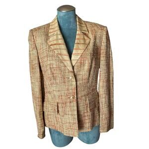 Womens Vintage George Simonton Striped Lapel Blazer Tan Tweed Silk Blend Size 10